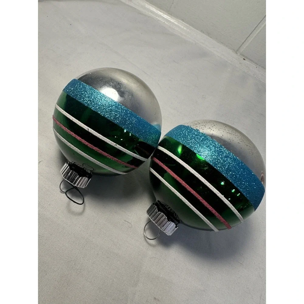 Vintage Radko Shiny Brite Green Striped Ball Glitter Ornament set Xmas‎ Tree (2)